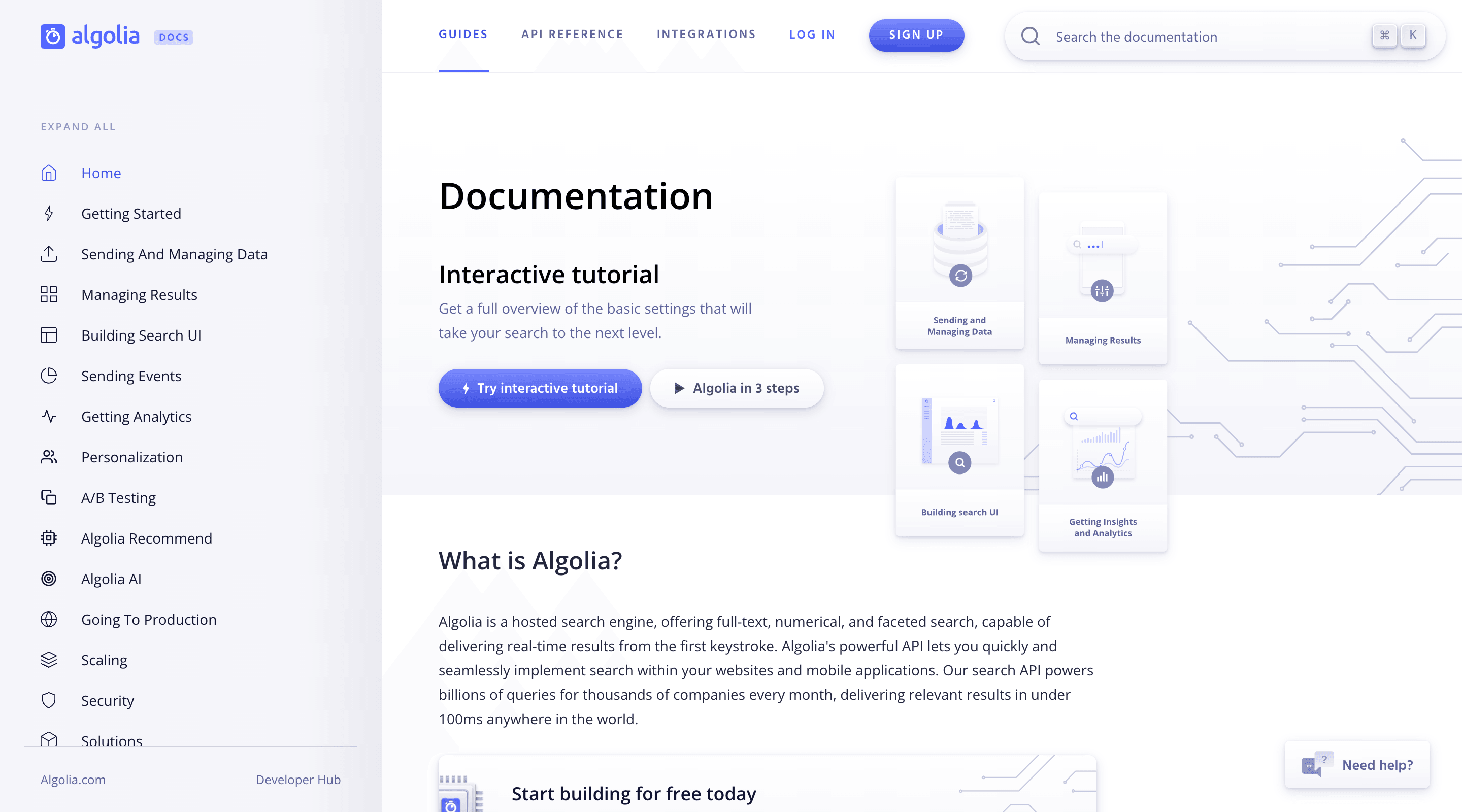 Screenshot of the Algolia documentation home page. A fixed sidebar lists the various guides. Call-to-actions in the hero section invite the user to try an interactive tutorial or learn more about Algolia.