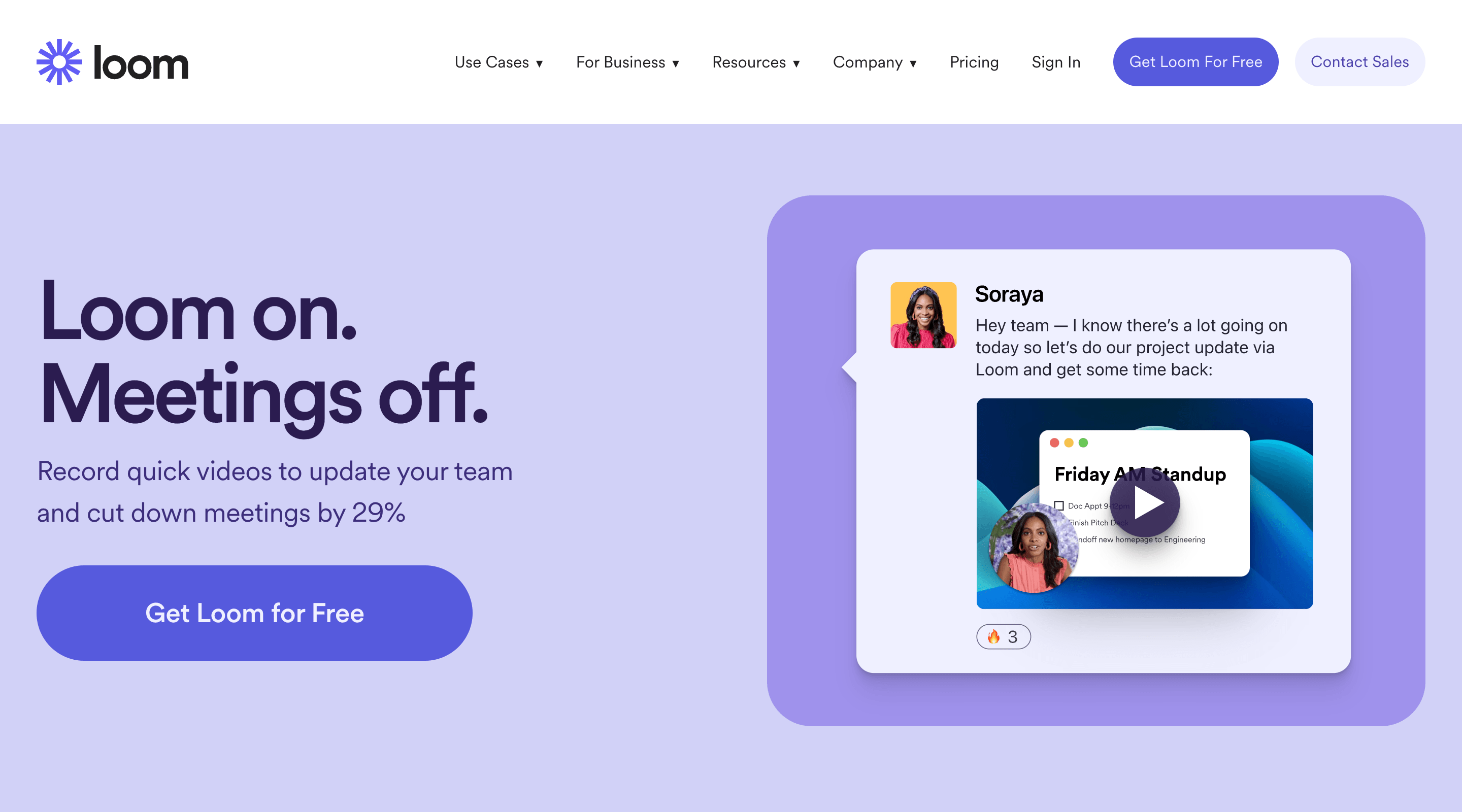 Screenshot of the Loom home page. The header contains the Loom logo, main site navigation, and primary calls-to-action. The hero has a large 'Get Loom for Free' button on the left side, and a screenshot of the Loom app on the right.